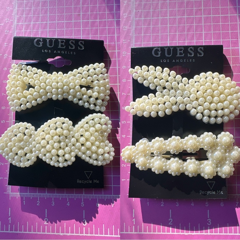Guess 4 pc hair clips white beads paved tie bow triangle flowers hearts
